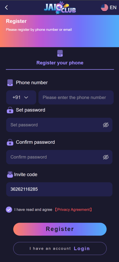 Jai Club registration form on mobile