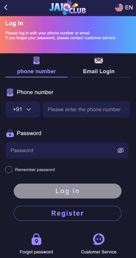 Jai Club mobile login screen