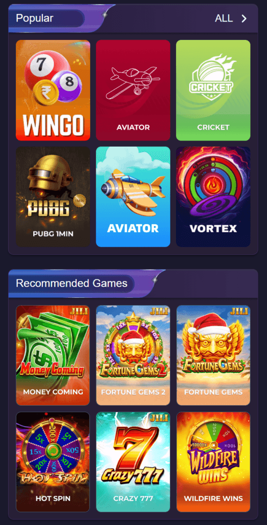 Jai Club app popular games screen